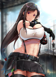 Rule 34 | 1girl, absurdres, belt, black belt, black gloves, black hair, black skirt, blouse, breasts, cleavage, closed mouth, commentary request, covered erect nipples, earrings, final fantasy, final fantasy vii, final fantasy vii remake, fingerless gloves, gloves, has bad revision, has downscaled revision, highres, jewelry, large breasts, long hair, looking at viewer, md5 mismatch, navel, red eyes, resolution mismatch, shirt, skirt, smile, solo, source smaller, suspender skirt, suspenders, swept bangs, thighhighs, tifa lockhart, underwear, white shirt, yuki mizore, zettai ryouiki