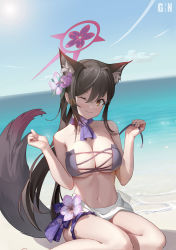 Rule 34 | 1girl, ;), absurdres, animal ear fluff, animal ears, artist name, ascot, bare shoulders, beach, bikini, blue archive, blue sky, blush, breasts, brown eyes, brown hair, cheshire (azur lane), cheshire (summery date!) (azur lane), cleavage, collarbone, day, flower, fox ears, fox girl, fox tail, galeno2012, hair flower, hair ornament, halo, hands up, highres, horizon, large breasts, long hair, looking at viewer, navel, ocean, one eye closed, outdoors, purple ascot, purple bikini, purple flower, sarong, sitting, sky, smile, solo, swimsuit, tail, w arms, wakamo (blue archive), water, yokozuwari