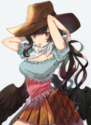 Rule 34 | 1girl, arms up, bandana, black hair, black wings, blue shirt, breasts, brown hat, brown skirt, cleavage, commentary request, cowboy hat, cowboy shot, feathered wings, grey background, hair tie in mouth, hat, highres, kurokoma saki, long hair, looking at viewer, medium breasts, miniskirt, mouth hold, pleated skirt, puffy short sleeves, puffy sleeves, red eyes, satoupote, shirt, short sleeves, simple background, skirt, solo, standing, touhou, wings
