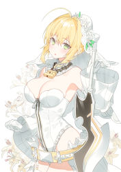 Rule 34 | 1girl, :o, aestus estus, ahoge, armpits, bare shoulders, belt, blonde hair, breasts, bridal veil, chain, cleavage, cowboy shot, detached collar, detached sleeves, fate/grand order, fate (series), flower, full-length zipper, garter straps, gloves, green eyes, hair intakes, highres, holding, holding sword, holding weapon, large breasts, leotard, lily (flower), lock, long sleeves, looking at viewer, nero claudius (bride) (fate), nero claudius (bride) (second ascension) (fate), nero claudius (fate), nero claudius (fate) (all), padlock, parted lips, ronopu, short hair, sidelocks, single garter strap, solo, standing, sword, thighhighs, thighs, veil, weapon, white flower, white gloves, white leotard, white thighhighs, wide sleeves, zipper, zipper pull tab