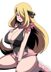 Rule 34 | 1girl, bare shoulders, beanie, between legs, blonde hair, blue eyes, blush, boots, breasts, cleavage, cosplay, creatures (company), curvy, cynthia (pokemon), dawn (pokemon), dawn (pokemon) (cosplay), game freak, hair ornament, hair over one eye, hand between legs, hat, koutarosu, large breasts, long hair, looking at viewer, miniskirt, nintendo, open mouth, pink footwear, pink scarf, pink skirt, plump, pokemon, pokemon dppt, poketch, scarf, sitting, skirt, sleeveless, solo, thighs, watch, white background, wristwatch