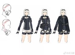 Rule 34 | 1girl, an-94 (girls&#039; frontline), aqua eyes, arrow (symbol), bare legs, black capelet, black hairband, blonde hair, blue shirt, buckle, capelet, character sheet, chest cutout, chest harness, closed mouth, duoyuanjun, expressionless, feet out of frame, girls&#039; frontline, gloves, hairband, harness, highres, jacket, long hair, long sleeves, looking at viewer, mask, mouth mask, multiple views, official art, pouch, shirt, sidelocks, simple background, snap-fit buckle, tactical clothes, thigh strap, third-party source, weibo logo, weibo watermark, white background