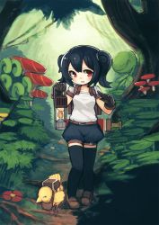 Rule 34 | 1girl, bad id, bad pixiv id, black hair, black thighhighs, forest, ketopon, lantern, mushroom, nature, original, red eyes, short hair, shorts, solo, sword, thighhighs, twintails, weapon