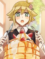 1boy absurdres antenna_hair basil_(faraway)_(omori) basil_(omori) black_sweater_vest blonde_hair blue_eyes blush collared_shirt flower food fork genk1zam4s hair_flower hair_ornament highres holding holding_fork holding_knife knife looking_at_viewer male_focus omori open_mouth pancake pancake_stack shirt short_hair short_sleeves solo sweater_vest white_shirt