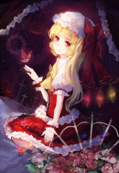 Rule 34 | 1girl, asymmetrical hair, asymmetrical wings, bad id, bad pixiv id, birdcage, blonde hair, cage, dress, flandre scarlet, frilled dress, frills, light smile, long hair, looking at viewer, maccha (mochancc), puffy short sleeves, puffy sleeves, red dress, red eyes, short sleeves, side ponytail, sitting, solo, touhou, wings, wrist cuffs