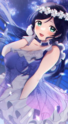 Rule 34 | 1girl, :d, absurdres, aqua eyes, blue dress, blush, breasts, choker, cowboy shot, dress, frilled choker, frills, gloves, tucking hair, head wreath, highres, holding, holding hair, kazepana, large breasts, long hair, looking at viewer, love live!, love live! school idol project, low twintails, open mouth, parted bangs, purple hair, see-through, see-through dress, sky, sleeveless, sleeveless dress, smile, solo, star (sky), starry sky, swept bangs, tojo nozomi, twintails, white gloves, yume no tobira