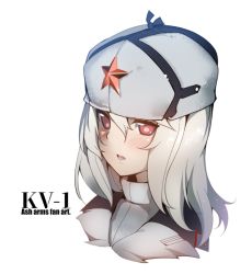 Rule 34 | 1girl, ash arms, blonde hair, blush, character name, copyright name, english text, grey sweater, hat, hat ornament, kv-1 (ash arms), long hair, looking at viewer, military hat, open mouth, red eyes, red star, solo focus, soviet, star (symbol), star hat ornament, sweat, sweater, turtleneck, warashi, white background