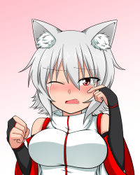 Rule 34 | 1girl, animal ears, bad id, bad pixiv id, bare shoulders, blush, breasts, bridal gauntlets, crying, crying with eyes open, detached sleeves, fang, gradient background, impossible clothes, impossible shirt, inubashiri momiji, large breasts, looking at viewer, no headwear, one eye closed, open mouth, red eyes, shirt, short hair, silver hair, solo, sumiya nadateru, tears, touhou, wolf ears