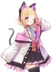 Rule 34 | 0x0 srnk, 1girl, animal ear headphones, animal ears, asymmetrical bangs, black skirt, black thighhighs, blonde hair, blue archive, blue necktie, blush, bow, breasts, cat ear headphones, cat tail, fake animal ears, frilled skirt, frills, hair bow, hand up, headphones, highres, jacket, long sleeves, looking at viewer, medium hair, momoi (blue archive), necktie, one eye closed, open clothes, open jacket, open mouth, pink eyes, pleated skirt, red bow, shirt, simple background, skirt, sleeves past wrists, small breasts, solo, tail, thighhighs, w over eye, white background, white jacket, white shirt, wide sleeves