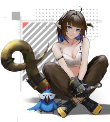 Rule 34 | 1girl, ahoge, arknights, armband, artist name, bare arms, bare shoulders, bird, black gloves, black hair, blue eyes, blue hair, boots, breasts, camisole, cargo pants, character name, cleavage, colored inner hair, crossed ankles, dated, eunectes (arknights), eunectes (forgemaster) (arknights), gloves, high priest (arknights), highres, holding, holding wrench, id card, looking at viewer, medium breasts, midriff, multicolored hair, official alternate costume, one side up, pants, pointy ears, shadow, sitting, stomach, tail, ts-ix, two-tone hair, wrench