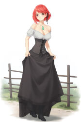 Rule 34 | 1girl, black footwear, black skirt, breasts, chest jewel, cleavage, commentary, corset, dress, fence, full body, grey corset, highres, long dress, medium breasts, miura-n315, off-shoulder dress, off shoulder, outdoors, pyra (xenoblade), red eyes, red hair, short hair, skirt, skirt hold, solo, swept bangs, underbust, white background, xenoblade chronicles (series), xenoblade chronicles 2
