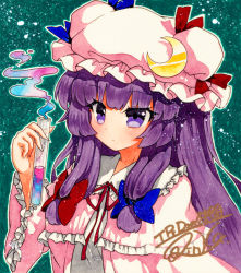 Rule 34 | 1girl, aqua background, bad id, bad pixiv id, blue bow, bow, closed mouth, crescent, crescent hat ornament, dress, hair bow, hat, hat ornament, holding, holding test tube, long hair, long sleeves, looking at viewer, mob cap, neck ribbon, patchouli knowledge, pink dress, pink hat, purple eyes, purple hair, qqqrinkappp, red bow, red ribbon, ribbon, shikishi, signature, solo, test tube, touhou, traditional media, upper body, wide sleeves