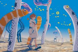 Rule 34 | 1girl, ahoge, air bubble, animal, arm at side, black shorts, blue eyes, brown hair, bubble, creature, day, drawstring, fish, floating hair, full body, hand up, high tops, hood, hood down, hoodie, horizon, long sleeves, looking to the side, machine, original, outdoors, oversized animal, oversized clothes, pofu31, sand, shadow, shoes, short hair, shorts, sky, sleeves past wrists, sneakers, three quarter view, walking, white footwear, white hoodie, worm