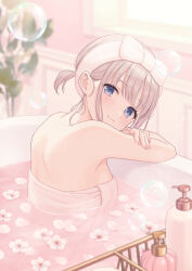 Rule 34 | 1girl, bare arms, bare shoulders, bath, bathing, bathtub, blue eyes, blurry, blurry background, breasts, brown hair, bubble, closed mouth, commentary request, depth of field, flower, flower on liquid, highres, indoors, looking at viewer, looking to the side, naked towel, original, partially submerged, shiromikan, small breasts, smile, solo, towel, upper body, water, white flower, window