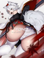 Rule 34 | amekudaki, animal ear fluff, animal ears, arm guards, ass, bare shoulders, black gloves, black skirt, breasts, cameltoe, crop top, detached sleeves, english text, eyes visible through hair, fangs, gloves, highres, inubashiri momiji, katana, leaf, looking at viewer, looking back, looking down, maple leaf, medium breasts, open mouth, panties, patterned clothing, red eyes, sheath, shiny clothes, shiny skin, short hair, skindentation, skirt, sleeveless, sleeveless turtleneck, sword, tail, thick eyebrows, thick thighs, thighhighs, thighs, touhou, turtleneck, underwear, weapon, white hair, white legwear, white panties, white tail, wide sleeves, wolf ears, wolf tail