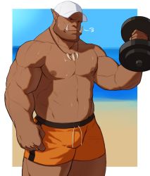 Rule 34 | 1boy, abs, bald, bara, bare pectorals, baseball cap, beach, beard, biceps, bulge, dark skin, day, exercising, eyebrow piercing, facial hair, fangs, garrosh hellscream, hat, highres, jewelry, large pectorals, male focus, male swimwear, mature male, monster boy, muscular, muscular male, navel, necklace, nipples, nose piercing, nose ring, orange male swimwear, orc, pectorals, piercing, pointy ears, ryker, solo, stomach, stubble, sweat, swim trunks, thick thighs, thighs, tooth necklace, warcraft, weightlifting, world of warcraft