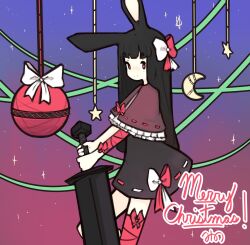 Rule 34 | 1girl, animal ears, black dress, black hair, blunt bangs, bow, capelet, christmas ornaments, closed mouth, commentary, crescent, dress, feet out of frame, frilled capelet, frills, gradient background, greatsword, hair bow, heavyblade rabbit, highres, holding, holding sword, holding weapon, long hair, looking at viewer, medium bangs, mino dev, purple background, purple capelet, rabbit and steel, rabbit ears, rabbit girl, red background, red eyes, ribbon-trimmed capelet, smile, solo, star (symbol), sword, symbol-only commentary, thick eyebrows, weapon, white bow