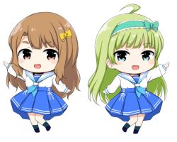 Rule 34 | 2girls, :d, ahoge, blue bow, blue eyes, blue footwear, blue hairband, blue neckerchief, blue skirt, blush, bow, brown eyes, brown hair, chibi, green hair, green legwear, hairband, idolmaster, idolmaster million live!, lockheart, long hair, long sleeves, miyao miya, multiple girls, neckerchief, open mouth, outstretched arm, pleated skirt, puffy long sleeves, puffy sleeves, sailor collar, school uniform, serafuku, shimabara elena, shirt, shoes, simple background, skirt, sleeves past wrists, smile, socks, standing, standing on one leg, thick eyebrows, very long hair, white background, white sailor collar, white shirt