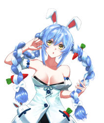 Rule 34 | 1girl, absurdres, alternate eye color, animal ears, arm garter, bare shoulders, black leotard, blue hair, bow, braid, breasts, carrot, carrot hair ornament, cleavage, collarbone, commentary, cowboy shot, don-chan (usada pekora), dress, food-themed hair ornament, gurenngi, hair between eyes, hair ornament, hair ribbon, hand in own hair, highres, hololive, leotard, light blue hair, long hair, looking at viewer, medium breasts, multicolored hair, no scarf, open mouth, pom pom (clothes), rabbit ears, ribbon, simple background, solo, strapless, strapless dress, thick eyebrows, tress ribbon, twin braids, twintails, two-tone hair, usada pekora, usada pekora (1st costume), virtual youtuber, white background, white bow, white dress, white hair, yellow eyes