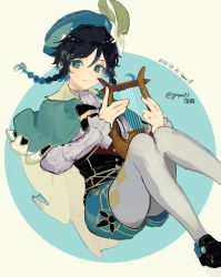 Rule 34 | 1boy, androgynous, argyle, argyle clothes, argyle legwear, beret, black hair, blue background, blue hair, bow, braid, cape, character name, collared cape, corset, dated, flower, frilled sleeves, frills, genshin impact, gmpoo93, gradient hair, green eyes, green hat, green shorts, hat, hat flower, highres, holding, holding instrument, instrument, leaf, long sleeves, looking at viewer, lyre, male focus, multicolored hair, open mouth, pantyhose, shirt, shoes, short hair with long locks, shorts, simple background, smile, solo, twin braids, venti (genshin impact), white background, white flower, white pantyhose, white shirt