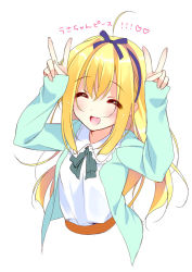 Rule 34 | 1girl, ahoge, blonde hair, closed eyes, double v, hair between eyes, hands up, long hair, original, piyodera mucha, simple background, solo, v, white background