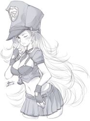 Rule 34 | 1girl, belt, breasts, cleavage, dated, ejami, fingerless gloves, gloves, greyscale, hat, highres, long hair, looking at viewer, monochrome, necktie, one eye closed, original, signature, simple background, skirt, solo, sweatdrop, white background
