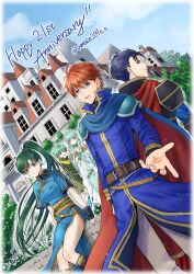 Rule 34 | 2girls, 3boys, amase204o o, armor, blue armor, blue cape, blue dress, blue eyes, blue hair, brother and sister, cape, dress, earrings, eliwood (fire emblem), fingerless gloves, fire emblem, fire emblem: the blazing blade, gloves, green eyes, green hair, hector (fire emblem), high ponytail, highres, jewelry, long hair, lyn (fire emblem), multiple boys, multiple girls, nils (fire emblem), ninian (fire emblem), nintendo, pelvic curtain, ponytail, red cape, red eyes, red hair, rope belt, scarf, siblings, side slit, sword, weapon, yellow scarf