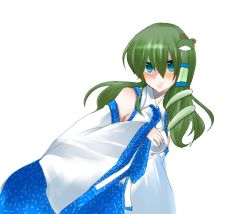 Rule 34 | 1girl, bad id, bad pixiv id, female focus, frog, green hair, japanese clothes, kochiya sanae, long hair, miko, ribbon, simple background, skt, snake, solo, standing, touhou, white background