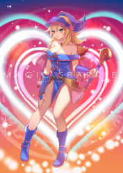 Rule 34 | 1girl, absurdres, blonde hair, blue eyes, breasts, cleavage, dark magician girl, english text, gloves, highres, large breasts, long hair, looking at viewer, solo, spiz, yu-gi-oh!