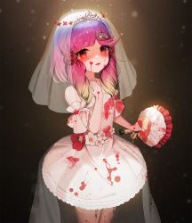 Rule 34 | 1girl, alternate eye color, blood, blood on clothes, blood on face, blush, bouquet, character name, dress, flower, highres, holding, holding bouquet, kantai collection, long hair, mole, mole under eye, open mouth, purple hair, red eyes, red flower, red rose, rose, solo, tears, tsushima (kancolle), twitter username, unidentified nk, white dress, white flower