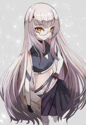 Rule 34 | 1girl, bare shoulders, breasts, brown eyes, choker, crop top, elbow gloves, melusine (fate), fate/grand order, fate (series), forked eyebrows, glasses, gloves, grey shirt, grey skirt, highres, long hair, looking at viewer, m0 chi, midriff, navel, shirt, sidelocks, skirt, sleeveless, small breasts, solo, thighs, white hair
