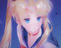Rule 34 | 1girl, 4656, bishoujo senshi sailor moon, blonde hair, blue eyes, blush, collarbone, crescent, crescent earrings, earrings, from above, glint, jewelry, meme, parted lips, sailor collar, sailor moon redraw challenge (meme), solo, tile floor, tiles, tsukino usagi, twintails, upper body