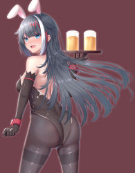 Rule 34 | 1girl, absurdres, animal ears, ass, azur lane, bare shoulders, black gloves, black hair, black leotard, black pantyhose, blue eyes, blush, breasts, commentary request, cowboy shot, deutschland (azur lane), elbow gloves, fake animal ears, gloves, highres, leotard, long hair, looking at viewer, looking back, mashiro03, medium breasts, multicolored hair, open mouth, pantyhose, playboy bunny, rabbit ears, red hair, simple background, solo, streaked hair, white hair