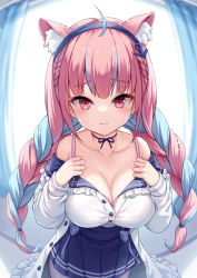 Rule 34 | 1girl, ahoge, anchor hair ornament, animal ear fluff, animal ears, blue hair, blue hairband, blue skirt, blush, bra, bra peek, braid, breasts, cat ears, choker, closed mouth, commentary request, cowboy shot, extra ears, hair ornament, hairband, highres, hololive, jacket, large breasts, long hair, long sleeves, looking at viewer, milkshakework, minato aqua, minato aqua (sailor), multicolored hair, open clothes, open jacket, pantyhose, pink eyes, pink hair, pleated skirt, ribbon choker, shirt, skirt, solo, standing, twin braids, twintails, two-tone hair, underwear, very long hair, virtual youtuber, white jacket, white shirt
