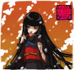 Rule 34 | 00s, 1girl, black hair, blunt bangs, copyright name, doll, enma ai, hime cut, japanese clothes, jigoku shoujo, kimono, long hair, non-web source, red eyes, solo, straw doll, string, string of fate, voodoo doll, wind