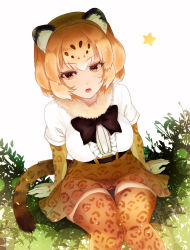 Rule 34 | 10s, 1girl, ancolatte (onikuanco), animal ears, black bow, black bowtie, blonde hair, blush, bow, bowtie, breasts, brown eyes, jaguar (kemono friends), jaguar ears, jaguar print, jaguar tail, kemono friends, knees together feet apart, large breasts, lens flare, looking at viewer, open mouth, plant, shirt, short sleeves, sitting, skirt, solo, star (symbol), tail, thighhighs, white background, white shirt