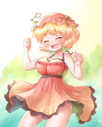 Rule 34 | 1girl, aki minoriko, arinu, blonde hair, blush, clenched hands, closed eyes, collarbone, cowboy shot, dress, hat, highres, leaf, open mouth, plant, red dress, red hat, short hair, sleeveless, sleeveless dress, smile, solo, touhou, vines, wheat print