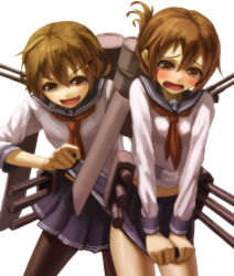 Rule 34 | 10s, 2girls, bad id, bad pixiv id, blush, brown eyes, brown hair, clothes lift, fang, folded ponytail, hair ornament, hairclip, ikazuchi (kancolle), inazuma (kancolle), kantai collection, kurione (zassou), multiple girls, neckerchief, open mouth, pantyhose, personification, red neckerchief, school uniform, serafuku, shirt, skirt, skirt lift, smile, tears