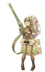 Rule 34 | 1girl, armor, artist request, battle of titans, blonde hair, boots, brown thighhighs, clenched hand, closed mouth, goggles, goggles on headwear, green eyes, hat, highres, holding, holding weapon, looking at viewer, magazine (weapon), mecha musume, military uniform, missile pod, nelly (battle of titans), personification, plate armor, pleated skirt, railgun, skirt, standing, thighhighs, uniform, weapon
