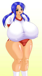 Rule 34 | 1girl, arms behind back, blue eyes, blue hair, blush, breasts, buruma, covered erect nipples, curvy, gigantic breasts, gradient background, gym outfit, gym uniform, hip focus, huge breasts, long hair, matching hair/eyes, no bra, open mouth, plump, shirt, simple background, socks, solo, tetsujinex, thick thighs, thighs, twintails, wide hips