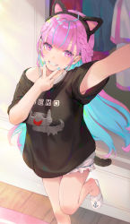 Rule 34 | 1girl, absurdres, ahoge, animal ears, arm up, bibimbub, black shirt, blue hair, blush, braid, breasts, cat ears, cat tail, clothes writing, colored inner hair, fake animal ears, grin, hair over one eye, hairband, highres, hololive, indoors, long hair, looking at viewer, loungewear, mask, medium breasts, minato aqua, multicolored hair, nail polish, parted lips, pink eyes, pink hair, reaching, reaching towards viewer, shirt, short sleeves, slippers, smile, solo, standing, standing on one leg, tail, teeth, two-tone hair, v, v over mouth, very long hair, virtual youtuber, white footwear, wooden floor