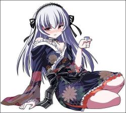 Rule 34 | 1girl, bare shoulders, blush, breasts, drunk, female focus, hair between eyes, hair ornament, japanese clothes, kimono, long hair, lowres, open mouth, red eyes, rozen maiden, silver hair, sitting, solo, solo focus, suigintou, tongue, white background