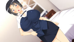 Rule 34 | 1girl, :o, bed, black hair, black neckwear, black skirt, blush, breasts, dutch angle, female focus, hand on own hip, highres, hip focus, huge breasts, indoors, legs, looking at viewer, makarou, nose blush, open mouth, purple eyes, shirafuji kyouko, short hair, skirt, solo, standing, thighs, waitress, working!!
