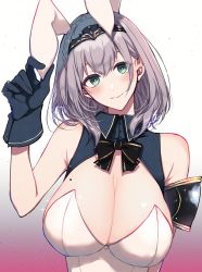 Rule 34 | 1girl, alternate costume, animal ears, bare shoulders, black gloves, blush, bow, bowtie, breasts, cleavage, gloves, gradient background, green eyes, grey hair, highres, hololive, large breasts, leotard, looking at viewer, medium hair, mole, mole on breast, playboy bunny, pochi (pochi-goya), rabbit ears, shirogane noel, shirogane noel (1st costume), smile, solo, upper body, virtual youtuber