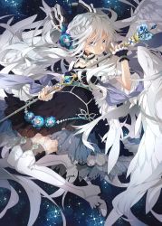 Rule 34 | 1girl, boots, dress, feathers, female focus, flower, grey eyes, high heels, highres, nobuyo ninomiya, original, see-through, solo, staff, thigh boots, thighhighs, weapon, white footwear, white hair, white thighhighs, wings