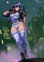 Rule 34 | 1girl, absurdres, artist request, blush, boots, breasts, city, curvy, dated, full body, ghost in the shell, gloves, gun, highleg, highleg leotard, highres, holding, holding gun, holding weapon, jacket, kusanagi motoko, large breasts, leotard, looking away, night, night sky, shiny clothes, shiny skin, short hair, sky, thong leotard, walking, weapon