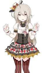 Rule 34 | 1girl, a ichi, ahoge, argyle, argyle clothes, argyle skirt, black bow, black bowtie, bow, bowtie, braid, brown eyes, corset, detached collar, dot nose, flat chest, grey hair, hair bow, hands up, hat, hoshi syoko, idolmaster, idolmaster cinderella girls, idolmaster cinderella girls starlight stage, light smile, long hair, mini hat, no vest, parted lips, puffy sleeves, short eyebrows, showtime illusion, side braid, single braid, solo, sweatdrop, thighhighs, very long hair, wrist cuffs