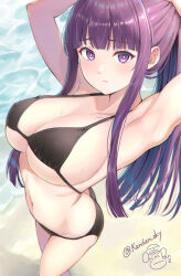 Rule 34 | 1girl, armpits, arms up, ass, beach, bikini, black bikini, blunt bangs, breasts, cleavage, closed mouth, fern (sousou no frieren), from above, highres, kanden sky, large breasts, long hair, looking at viewer, mixed-language commentary, navel, ocean, outdoors, ponytail, purple eyes, purple hair, sousou no frieren, sweat, swimsuit, twitter username, tying hair