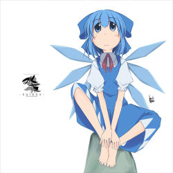 Rule 34 | 1girl, bad id, bad pixiv id, barefoot, blue eyes, blue hair, bow, cirno, feet, female focus, hair bow, hoshino (mhoshi), looking up, lowres, matching hair/eyes, rock, short hair, sitting, solo, embodiment of scarlet devil, touhou, wings