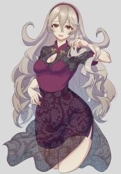 Rule 34 | 1girl, alternate costume, breasts, cleavage, corrin (female) (fire emblem), corrin (fire emblem), dress, fire emblem, fire emblem fates, hair between eyes, hairband, headband, highres, karashino, long hair, looking at viewer, nail polish, nintendo, open mouth, pointy ears, red eyes, red nails, see-through, simple background, smile, solo, thick thighs, thighs, wavy hair, white hair, wide hips